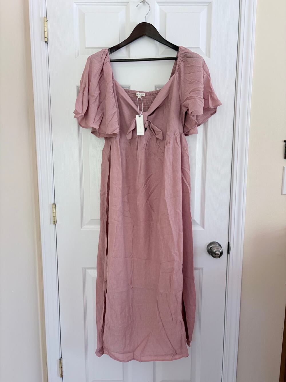 LinenChili Mauve Linen Blend Midi Dress XL NWT Puff Sleeve Cottagecore